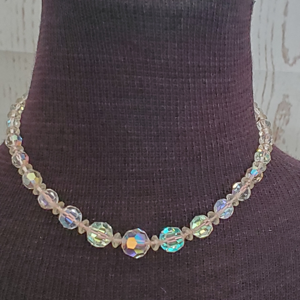 Vintage mid century sparkly iridescent beads necklace on pink thread